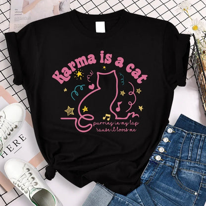 T-Shirt for Women Karma Is A Cat T Shirt Retro T-Shirt Cute Cat Shirt Women Clothes