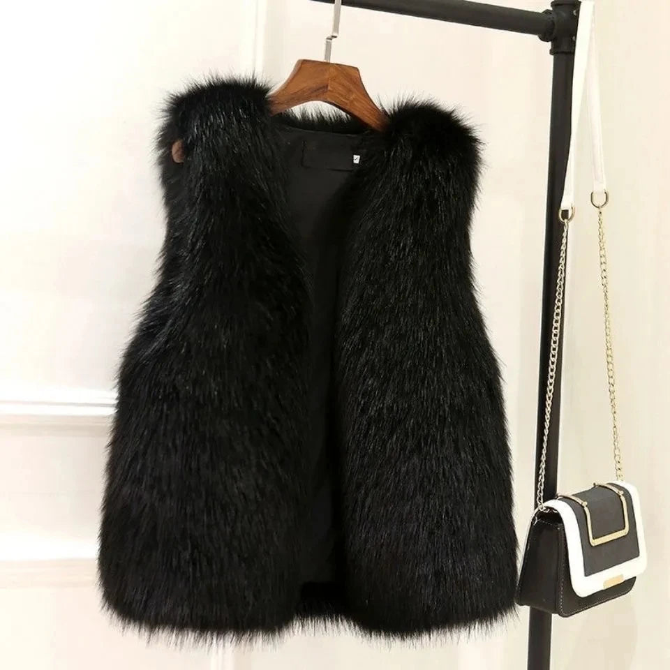 Fur Vest for Women Female Waistcoat Faux Fox Fur Overcoat Winter Jackets Thickened Warm Sleeveless Outwear Top black