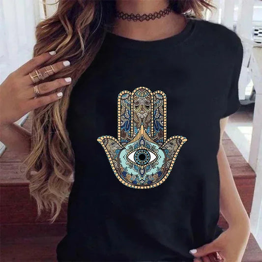 T-Shirt for Women Hamsa Hand of Fatima Print Women's T-Shirts Lucky Hand Unisex T Shirts Short Sleeve Top Tees