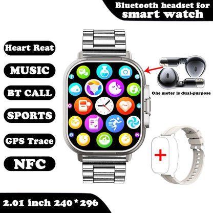 Smart Watch for men and women 2 in 1 With Earphone Smartwatch Bluetooth Call Watch GPS Track Heart Rate Monitor Play Music SmartWatch Metallic silver color cover photo