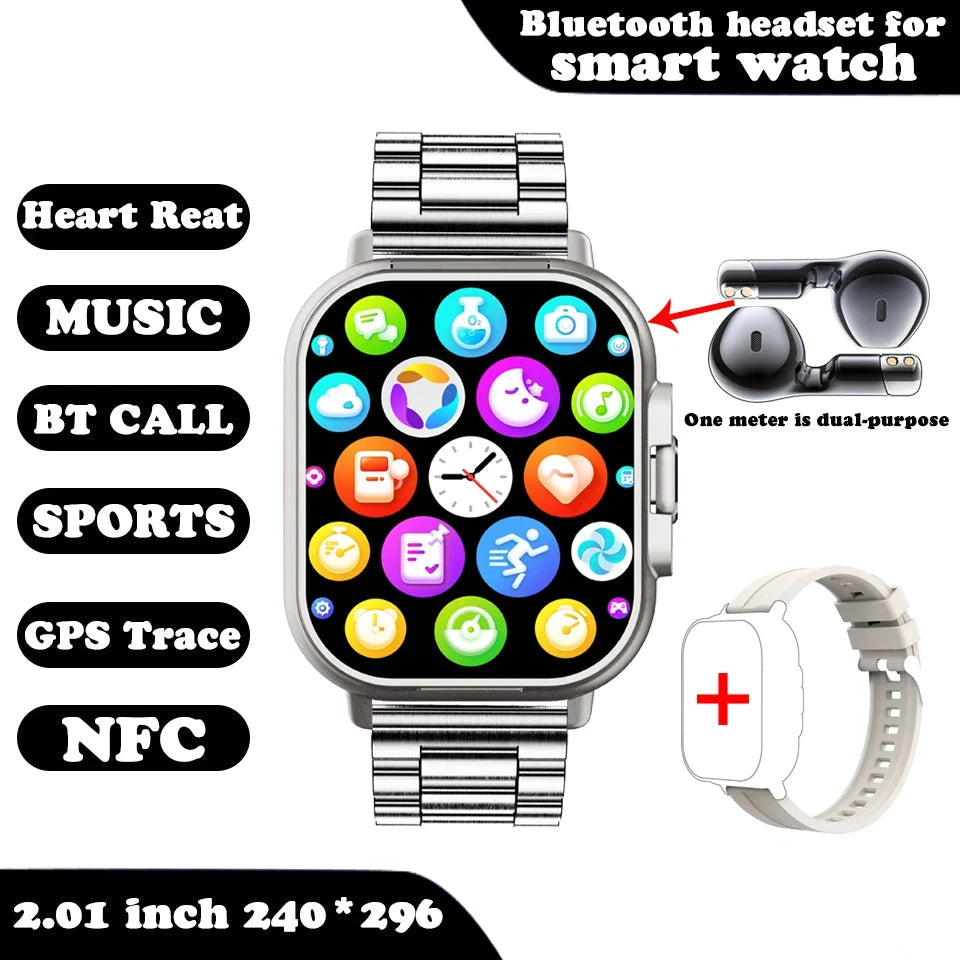 Smart Watch for men and women 2 in 1 With Earphone Smartwatch Bluetooth Call Watch GPS Track Heart Rate Monitor Play Music SmartWatch Metallic silver color variant image