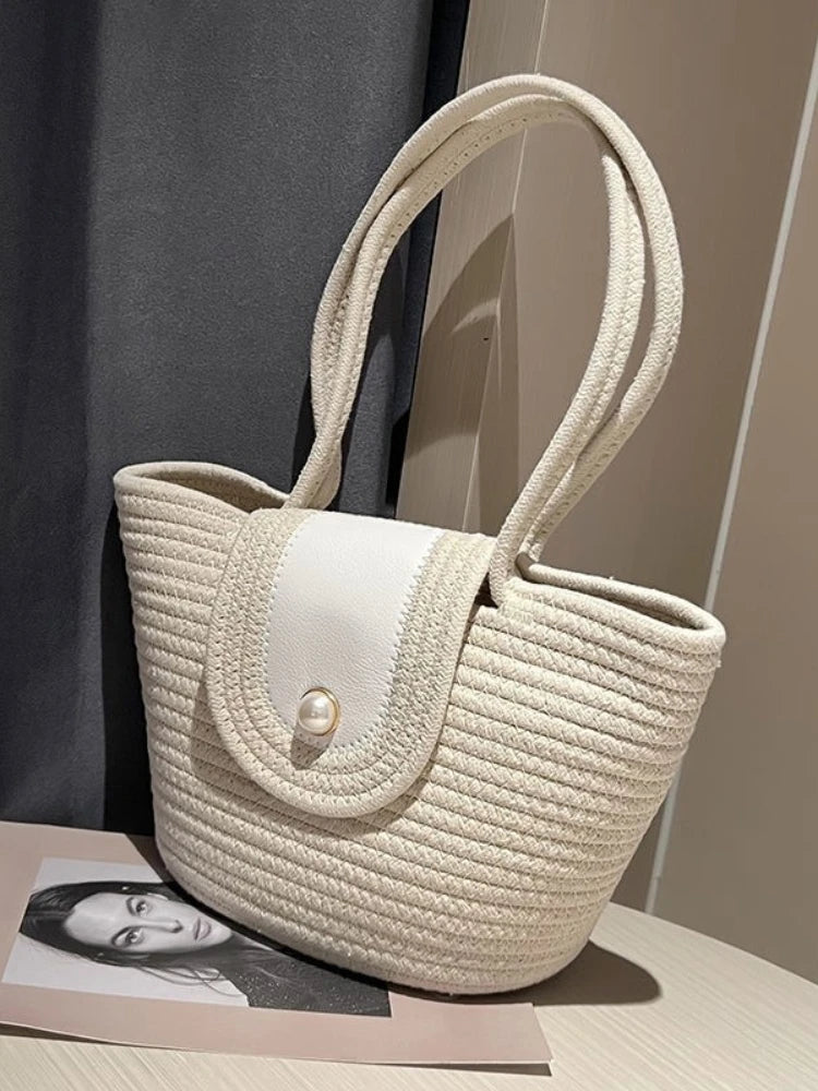 Handbag Fashion Women's Woven Bag French Casual Tote Bag Cotton Rope Handbag Woven Bag Pearl Decoration