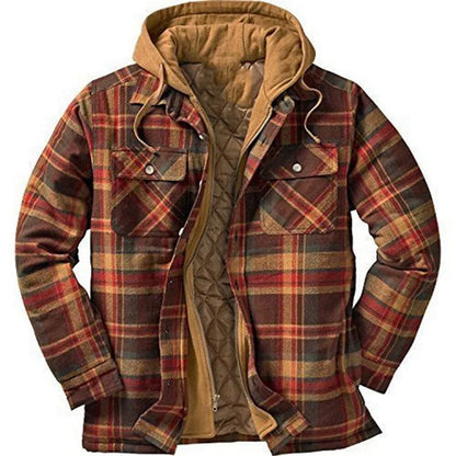 Men's Coats Plaid Printed Patchwork Jacket Hooded Outerwear Jacket for men  burgundy-red-orange-brown 