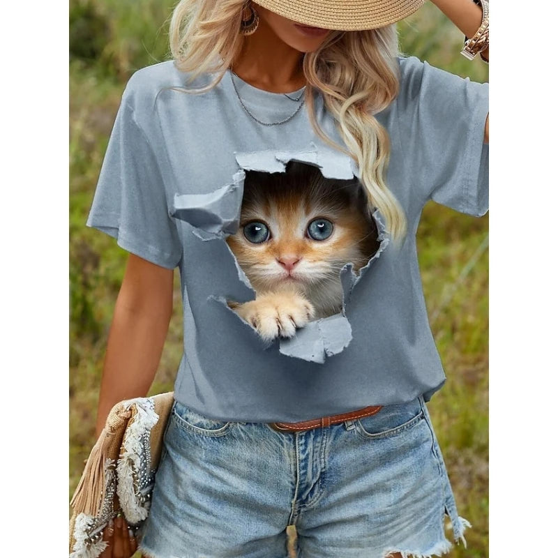 T-Shirt for Women Funny 3D Cartoon Cat Print Women's T-Shirts Casual O-neck Short Sleeve Top Summer Loose Tee Fashion Blouse