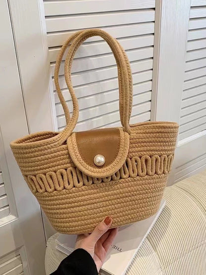 Handbag Fashion Women's Woven Bag French Casual Tote Bag Cotton Rope Handbag Woven Bag Pearl Decoration