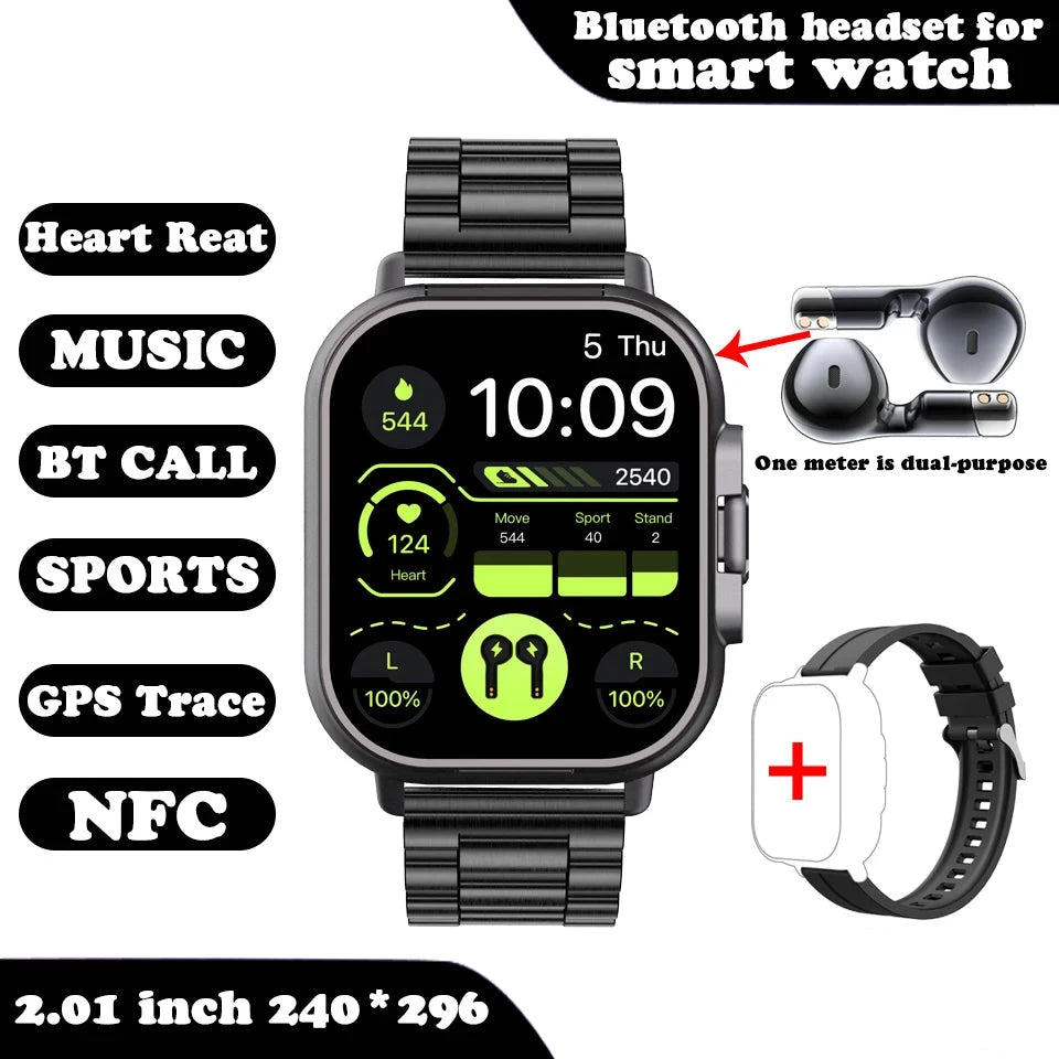 Smart Watch for men and women 2 in 1 With Earphone Smartwatch Bluetooth Call Watch GPS Track Heart Rate Monitor Play Music black color metallic band vaiant image