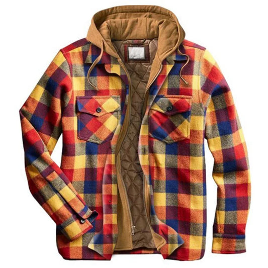 Men's Coats Plaid Printed Patchwork Jacket Hooded Outerwear Jacket for men  Brown-yellow-blue-red front view