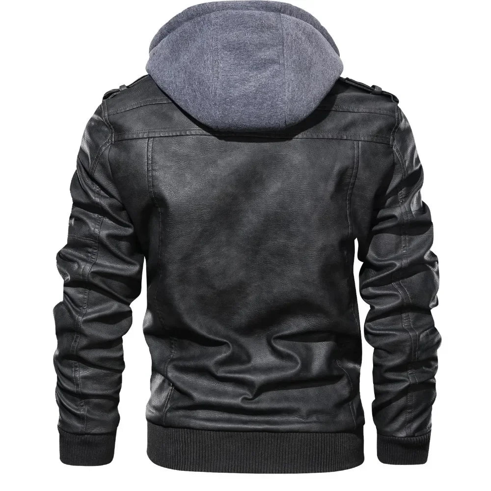 Mens Hood Faux Leather Jacket Winter Fleece Warm Biker Vintage Coat Casual Slim pilot Leather Jackets rear view gray color