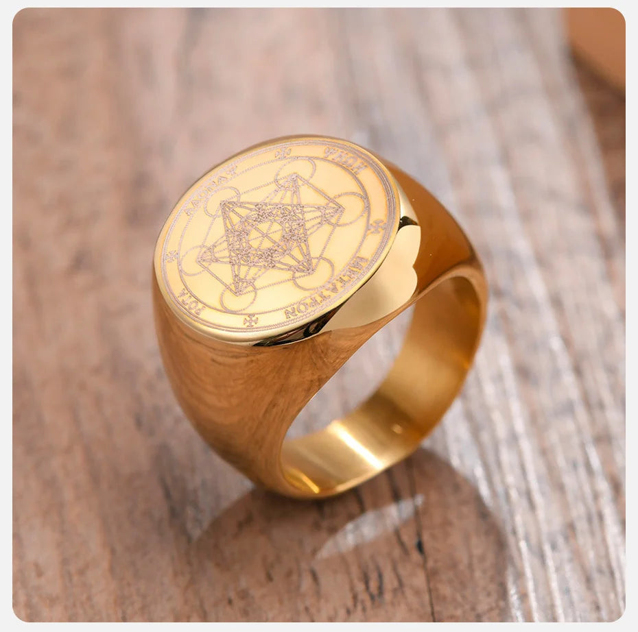 Ring for men Seven Seals of Angels Rings for Men Round Top Stamp Finger Band Metatron Cube Stamp Ring Chunky Punk Anillo