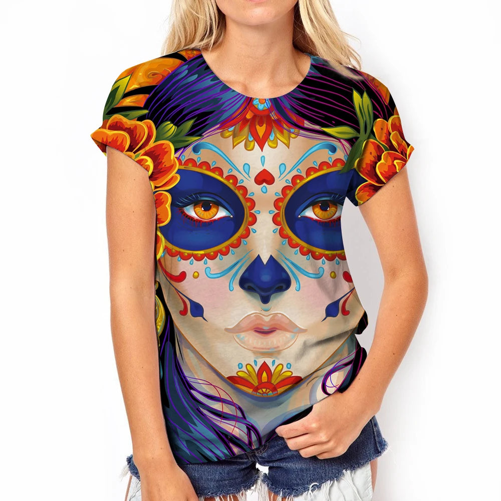 Day of the Dead Dress Up Printed Women's T-Shirts Fashion Rose Skull Graphic Tee Casual O-Neck Streetwear Oversized Short Sleeve