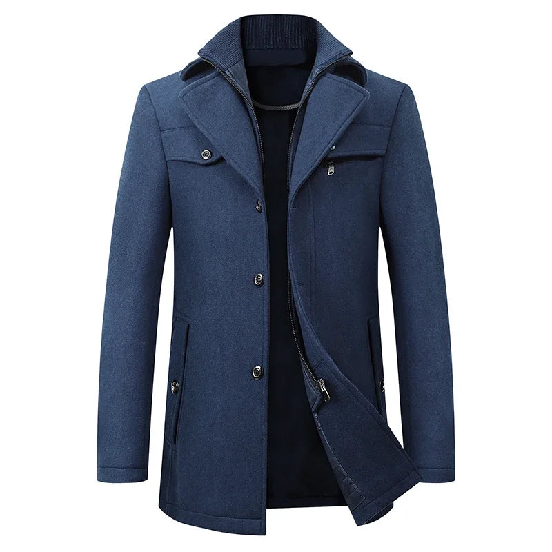 Casual  Wool Jacket for Men Navy Winter Men's Woolen Windbreaker Coat New Solid Color Single Breasted Trench Slim Fit Business 