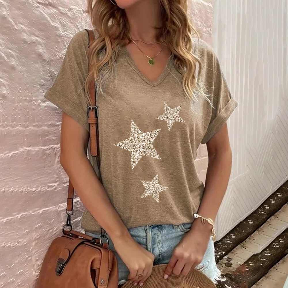 T-Shirt for Women Fashion V-neck Women's T-Shirts Funny Five-Pointed Star Printed Short Sleeve Casual Loose Tops