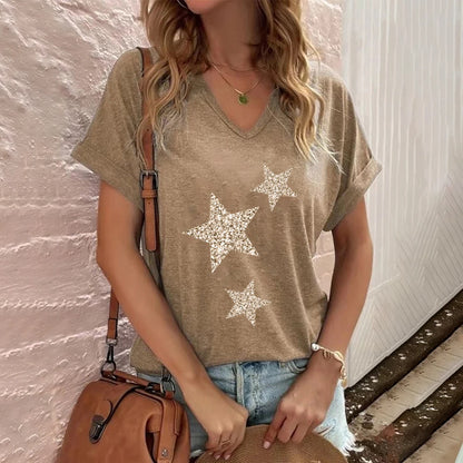 T-Shirt for Women Fashion V-neck Women's T-Shirts Funny Five-Pointed Star Printed Short Sleeve Casual Loose Tops