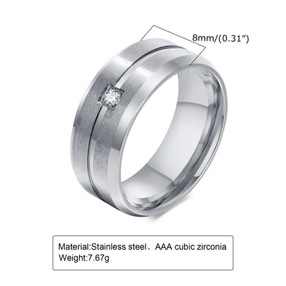 Ring for men 8mm Men's Wedding Band AAA CZ Stone Solitaire Ring Matte Stainless Steel Grooved Line Ring Anillo