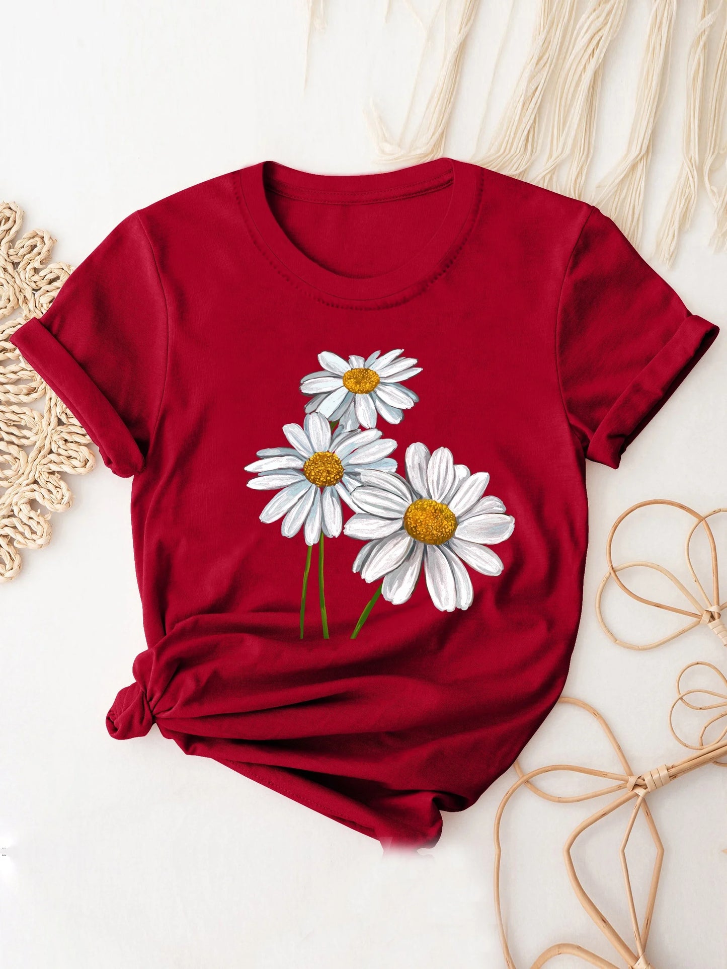 T-Shirt for Women Cute Daisy Print T-Shirt Short Sleeve Crew Neck Casual Top All Season Women's Clothing