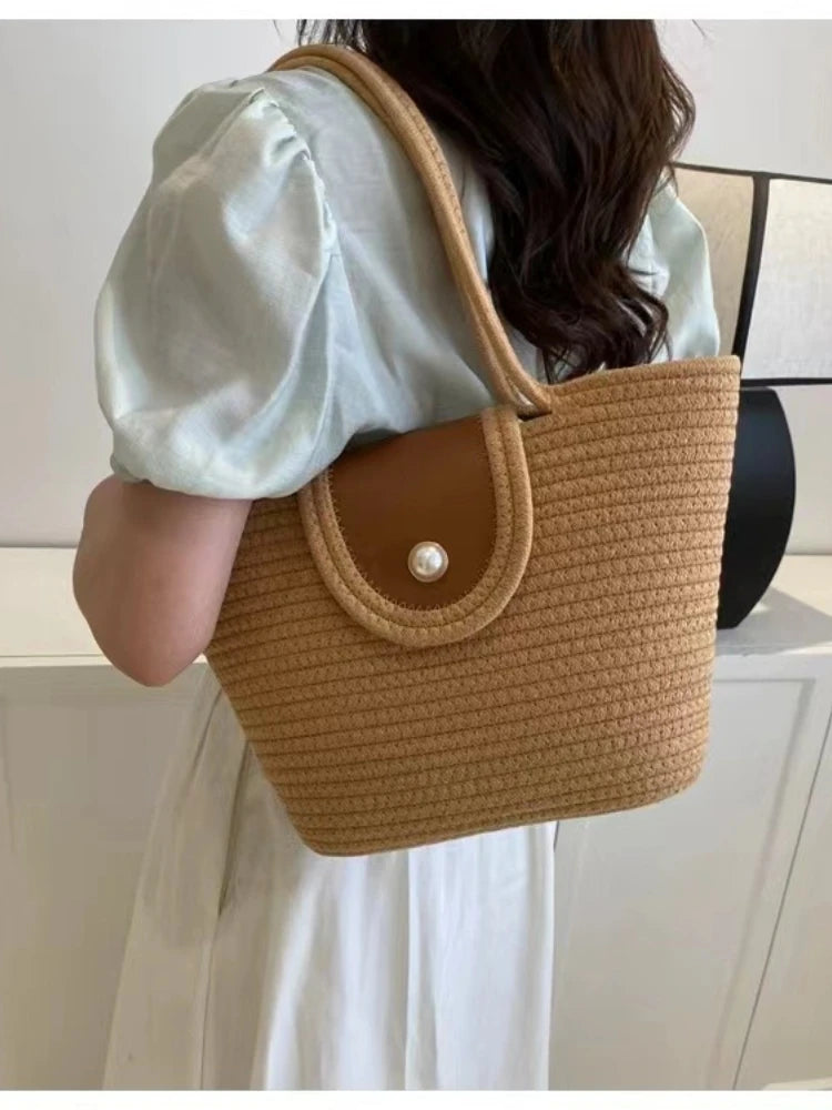 Handbag Fashion Women's Woven Bag French Casual Tote Bag Cotton Rope Handbag Woven Bag Pearl Decoration