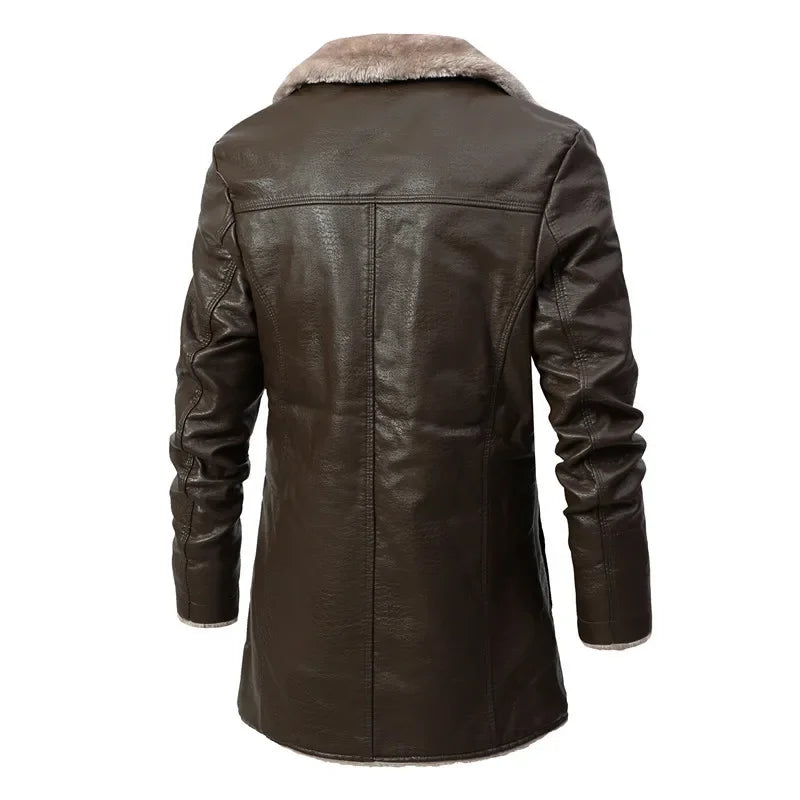 Mens Jacket Streetwear PU Leather Casual Men Winter Long Thick Fleece Clothing Faux Leather Jackets Coat Outwear brown rear view