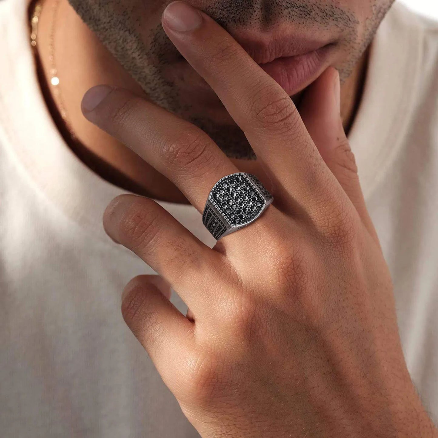 Ring for men 16.7mm Biker Signet Ring for Men Stanless Steel Geometric Top Ring Black CZ Stones Stamp Finger Band Gift to Him Anillo