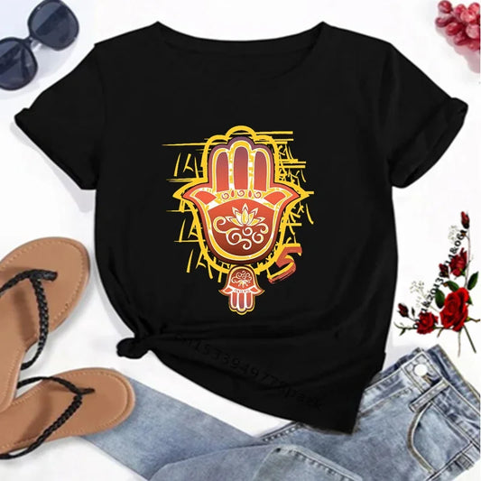 T-Shirt for Women Hamsa Hand of Fatima Print Women's T-Shirts Lucky Hand Unisex T Shirts Short Sleeve Top Tees