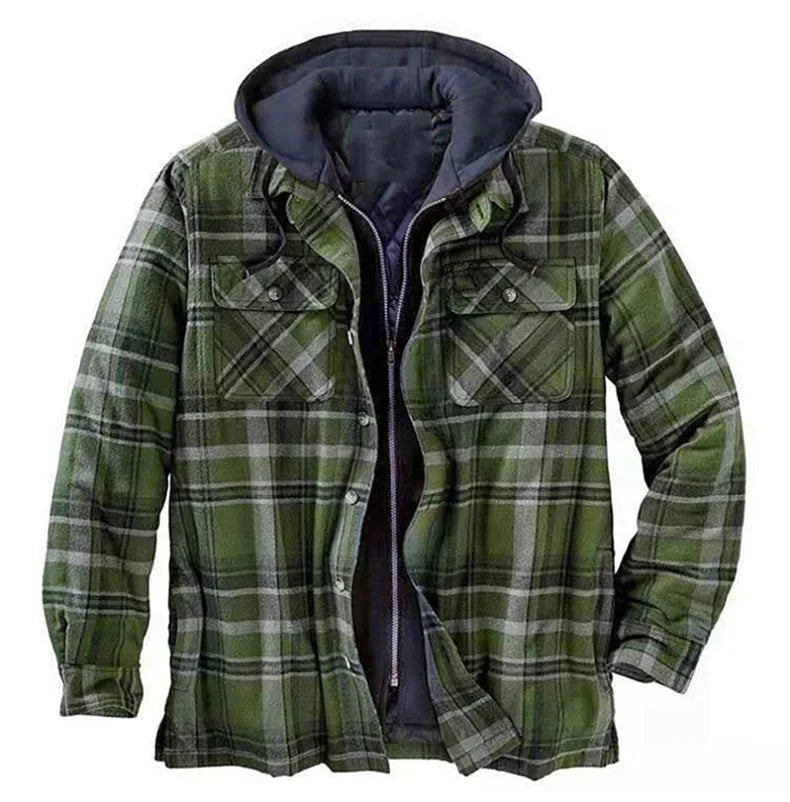 Men's Coats Plaid Printed Patchwork Jacket Hooded Outerwear Jacket for men  Navy-green front view