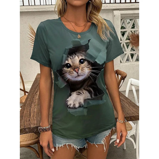 T-Shirt for Women Funny 3D Cartoon Cat Print Women's T-Shirts Casual O-neck Short Sleeve Top Summer Loose Tee Fashion Blouse