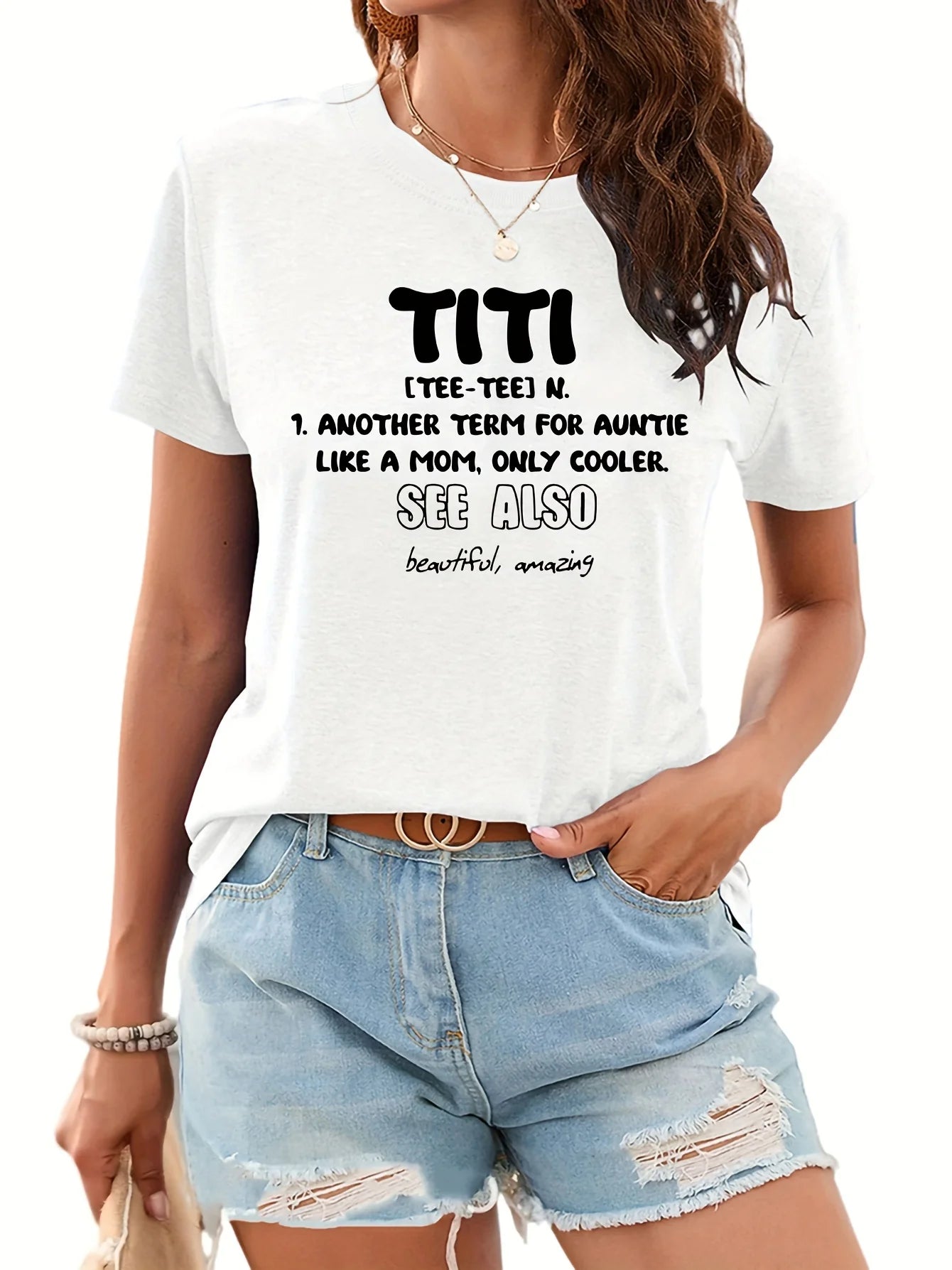 T-Shirt for Women TITI Print T-Shirt Short Sleeve Crew Neck Casual Top Women's Clothing