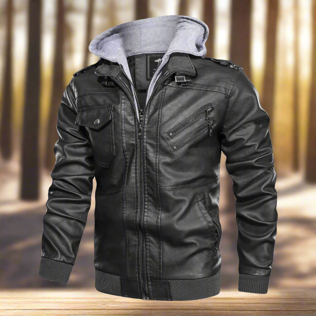 Mens Hood Faux Leather Jacket Winter Fleece Warm Biker Vintage Coat black color