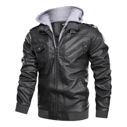 Mens Hood Faux Leather Jacket Winter Fleece Warm Biker Vintage Coat Casual Slim pilot Leather Jackets black