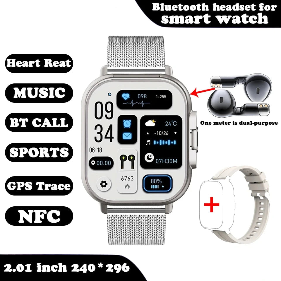 Smart Watch for men and women 2 in 1 With Earphone Smartwatch Bluetooth Call Watch GPS Track Heart Rate Monitor Play Music silver color Metallic mesh band varian image