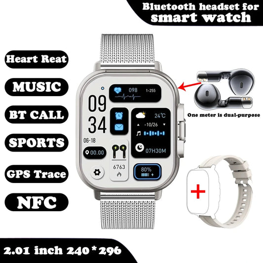 Smart Watch for men and women 2 in 1 With Earphone Smartwatch Bluetooth Call Watch GPS Track Heart Rate Monitor Play Music silver color Metallic mesh band cover image