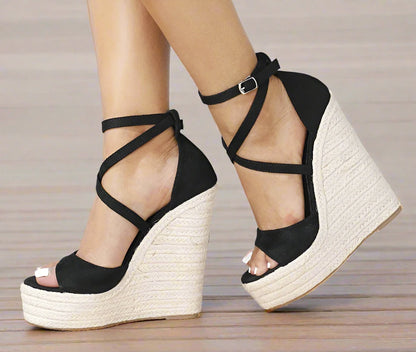 Platform Wedge Sandals Sexy Fashion Thick Bottom Open Toe Buckle Strap Black High Heels black