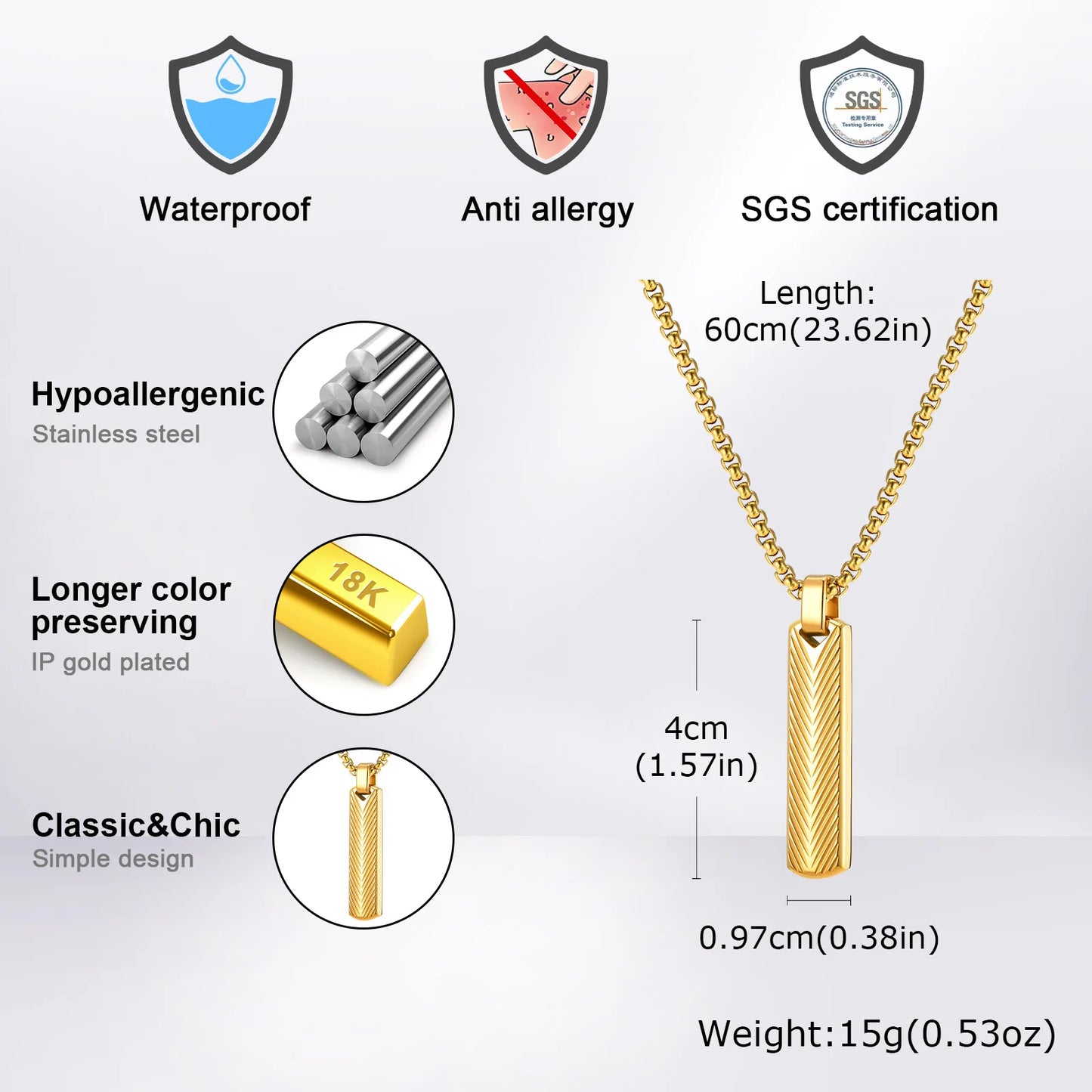 Pendant for Men Stainless Steel Vertical Bar Pendant Necklaces Grooved V Shaped Pendant for Men Boys Punk Rock Collar