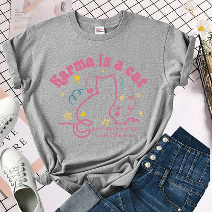 T-Shirt for Women Karma Is A Cat T Shirt Retro T-Shirt Cute Cat Shirt Women Clothes