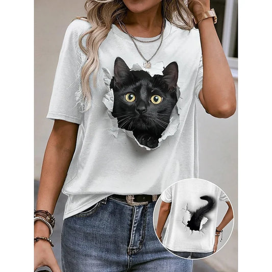 T-Shirt for Women Funny 3D Cartoon Cat Print Women's T-Shirts Casual O-neck Short Sleeve Top Summer Loose Tee Fashion Blouse