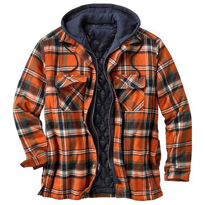 Men's Coats Plaid Printed Patchwork Jacket Hooded Outerwear Jacket for men  Navy-orange color front view