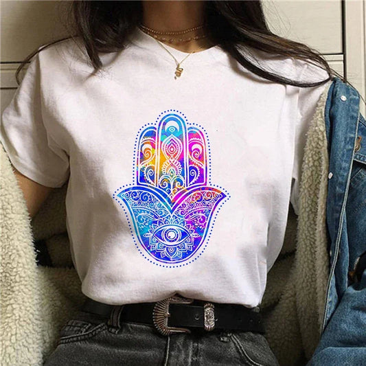 T-Shirt for Women Hamsa Hand of Fatima Print Women's T-Shirts Lucky Hand Unisex T Shirts Short Sleeve Top Tees