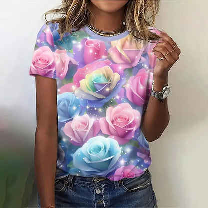 T-Shirt for Women Fashion 3D Floral Print T Shirt For Women Short Sleeve Tees Casual O-neck Loose Short Sleeve Top for girl