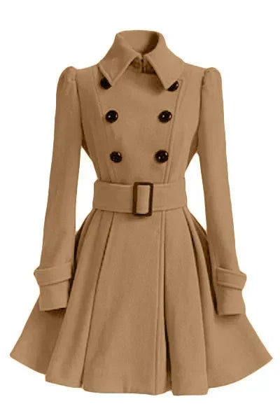 Women‘s Overcoat Elegant Thick Mid Length Warm A-line Loose Hem Tight Waist Woolen Coat with Belt Trench Coat for Women khaki