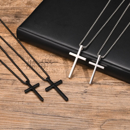 Pendant for Men Unisex Plain Cross Necklaces Men Women Stainless Steel Religious Faith Cross Pendant Necklace Simple Cross with Box Chain