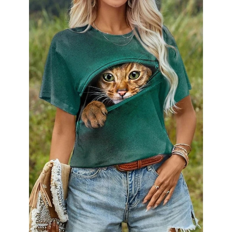 T-Shirt for Women Funny 3D Cartoon Cat Print Women's T-Shirts Casual O-neck Short Sleeve Top Summer Loose Tee Fashion Blouse