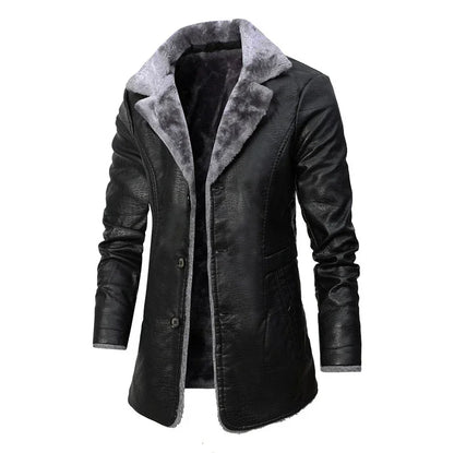 Mens Jacket Streetwear PU Leather Casual Men Winter Long Thick Fleece Clothing Faux Leather Jackets Coat Outwear black