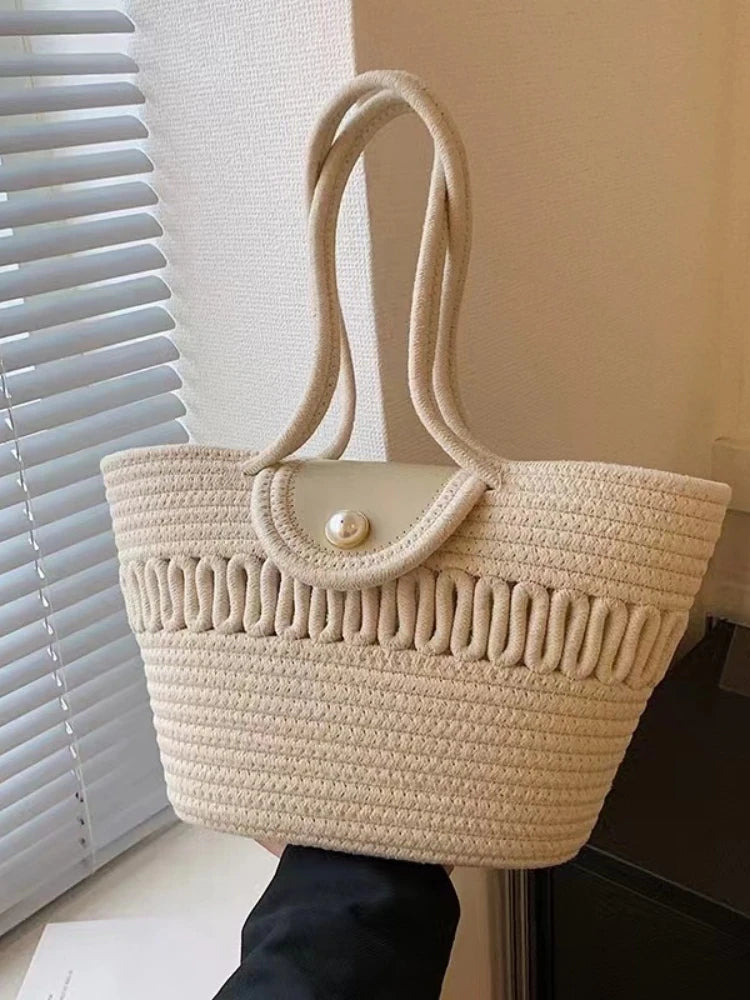 Handbag Fashion Women's Woven Bag French Casual Tote Bag Cotton Rope Handbag Woven Bag Pearl Decoration