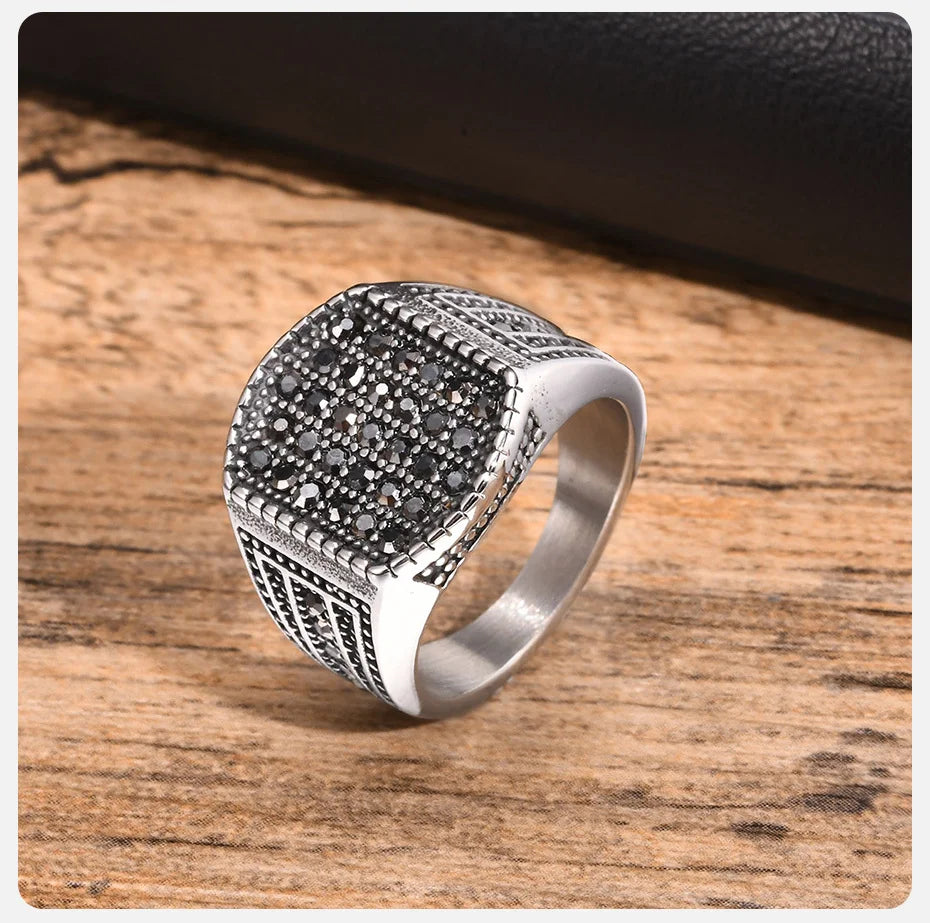 Ring for men 16.7mm Biker Signet Ring for Men Stanless Steel Geometric Top Ring Black CZ Stones Stamp Finger Band Gift to Him Anillo