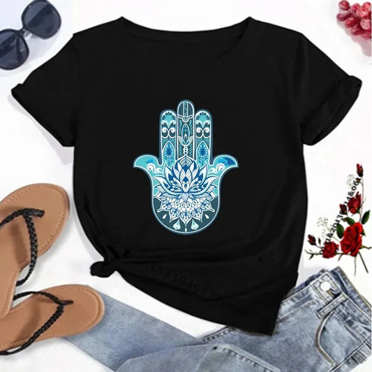 T-Shirt for Women Hamsa Hand of Fatima Print Women's T-Shirts Lucky Hand Unisex T Shirts Short Sleeve Top Tees