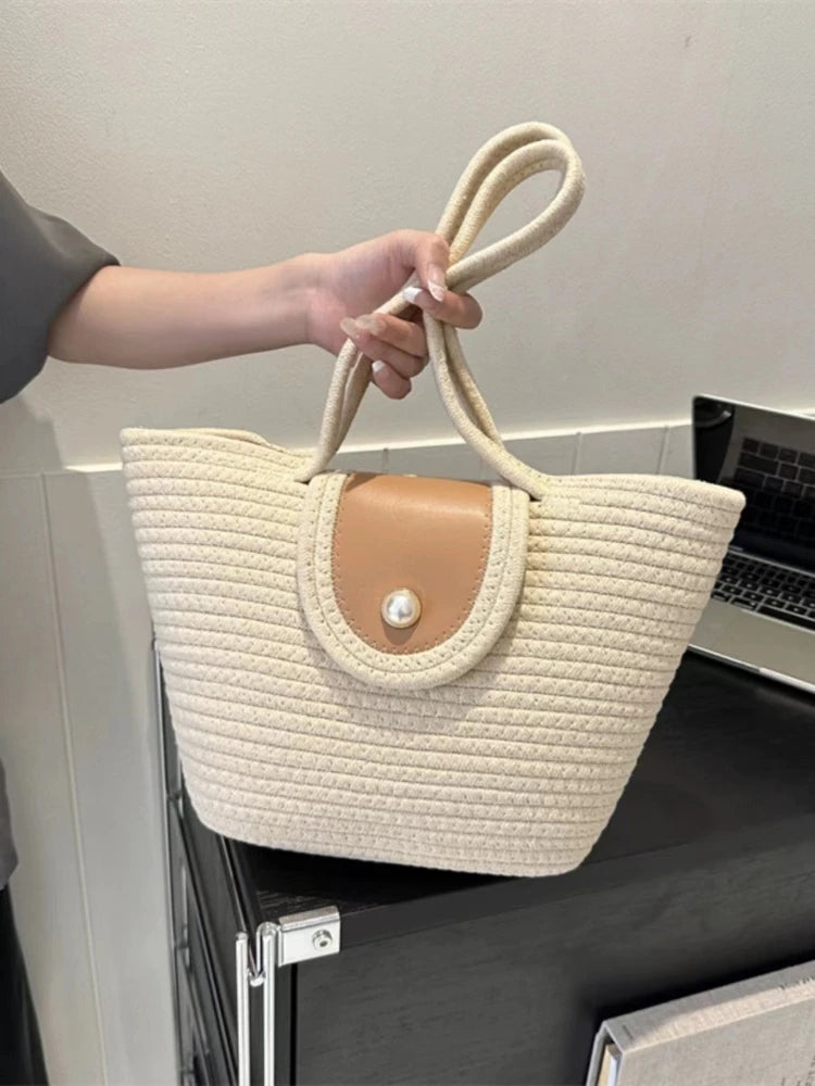 Handbag Fashion Women's Woven Bag French Casual Tote Bag Cotton Rope Handbag Woven Bag Pearl Decoration