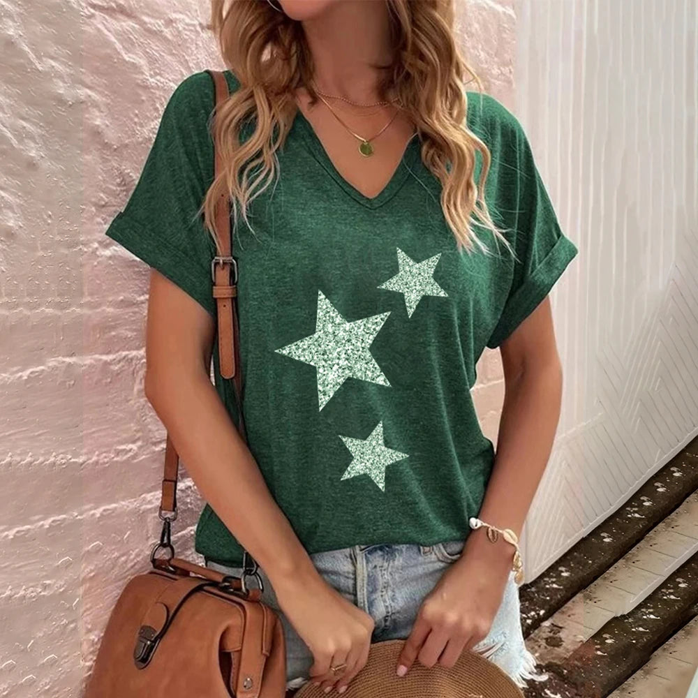 T-Shirt for Women Fashion V-neck Women's T-Shirts Funny Five-Pointed Star Printed Short Sleeve Casual Loose Tops