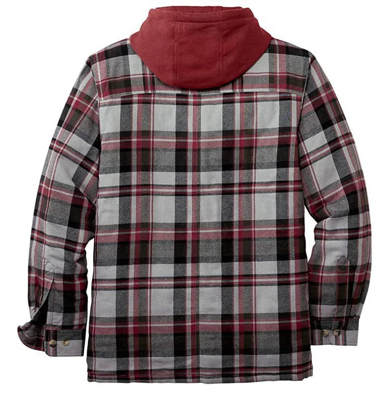 Men's Coats Plaid Printed Patchwork Jacket Hooded Outerwear Jacket for men  red-grey-brown rear view