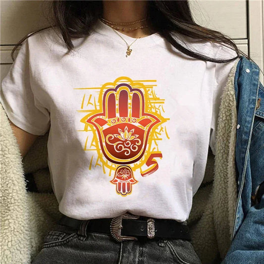 T-Shirt for Women Hamsa Hand of Fatima Print Women's T-Shirts Lucky Hand Unisex T Shirts Short Sleeve Top Tees