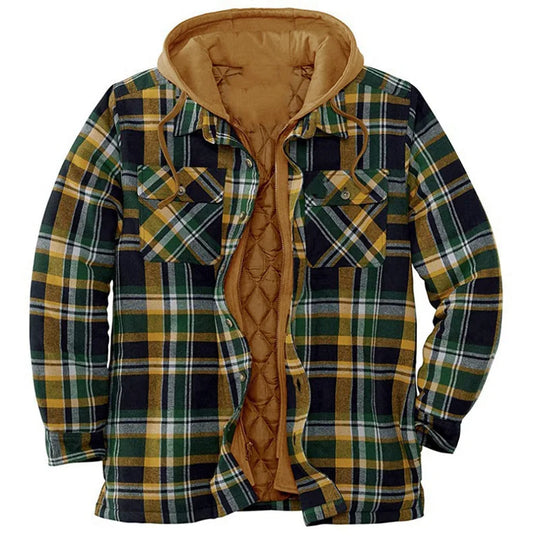 Men's Coats Plaid Printed Patchwork Jacket Hooded Outerwear Jacket for men  Brown-yellow-Navy-green front view