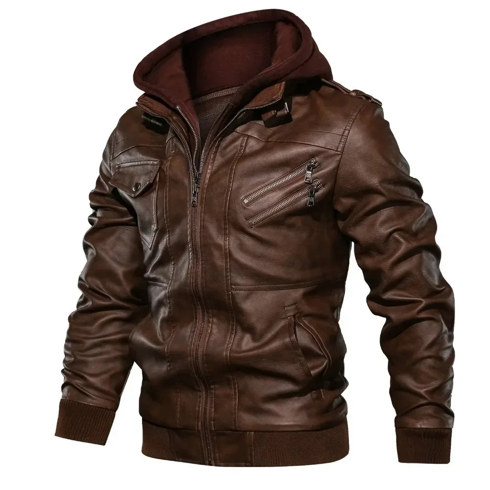 Mens Hood Faux Leather Jacket Winter Fleece Warm Biker Vintage Coat Casual Slim pilot Leather Jackets Brown Color Closed